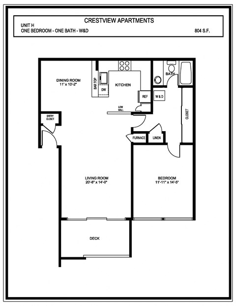 Floor plan for 1 bed, 1 bath, 804 sqft